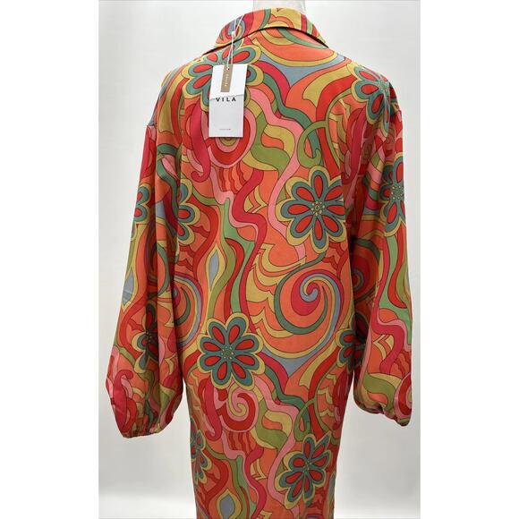 Vila Violy EU36 Petite (US 6) Midi Shirt Dress Floral Tomato Purée Retro NWT - Picture 3 of 11